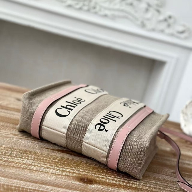 Chloe Woody linen pure cotton canvas and glossy crust, pink casual bag Small: 26.5*20*8cm