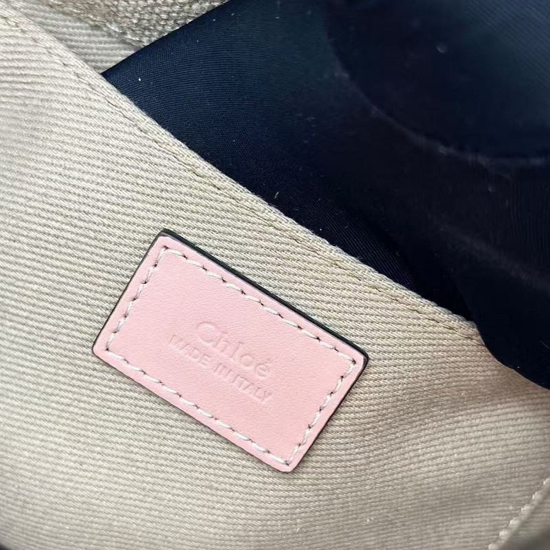 Chloe Woody linen pure cotton canvas and glossy crust, pink casual bag Small: 26.5*20*8cm