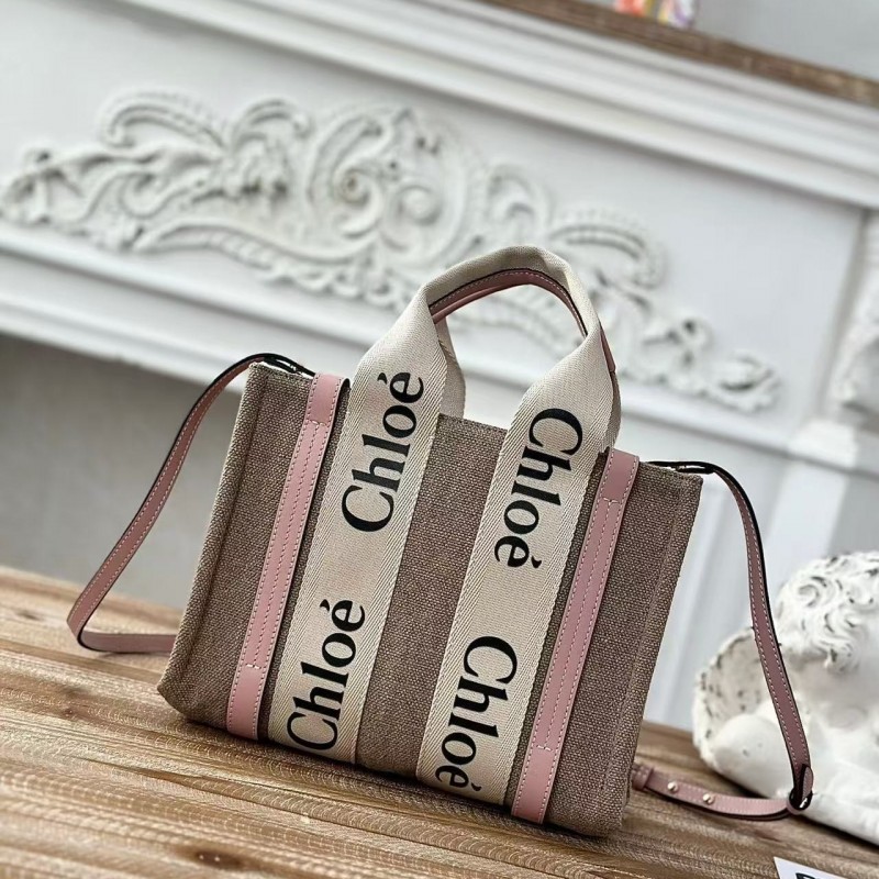 Chloe Woody linen pure cotton canvas and glossy crust, pink casual bag Small: 26.5*20*8cm