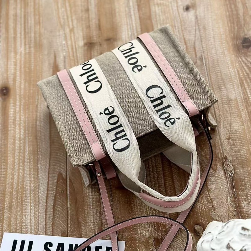 Chloe Woody linen pure cotton canvas and glossy crust, pink casual bag Small: 26.5*20*8cm