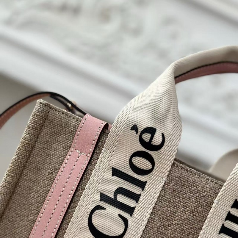 Chloe Woody linen pure cotton canvas and glossy crust, pink casual bag Small: 26.5*20*8cm