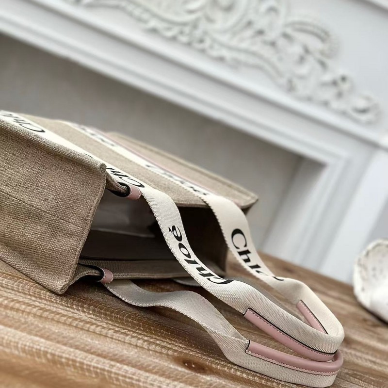 Chloe Woody linen pure cotton canvas and glossy small dough, pink casual bag Medium size: 37*26*12cm