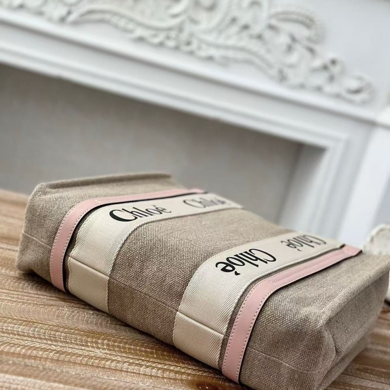 Chloe Woody linen pure cotton canvas and glossy small dough, pink casual bag Medium size: 37*26*12cm