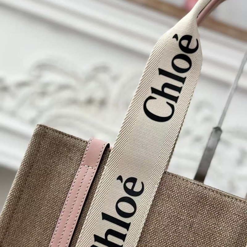 Chloe Woody linen pure cotton canvas and glossy small dough, pink casual bag Medium size: 37*26*12cm