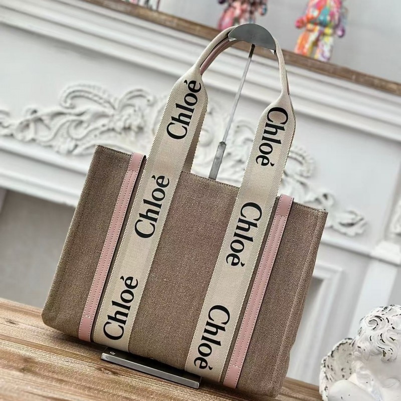 Chloe Woody linen pure cotton canvas and glossy small dough, pink casual bag Medium size: 37*26*12cm