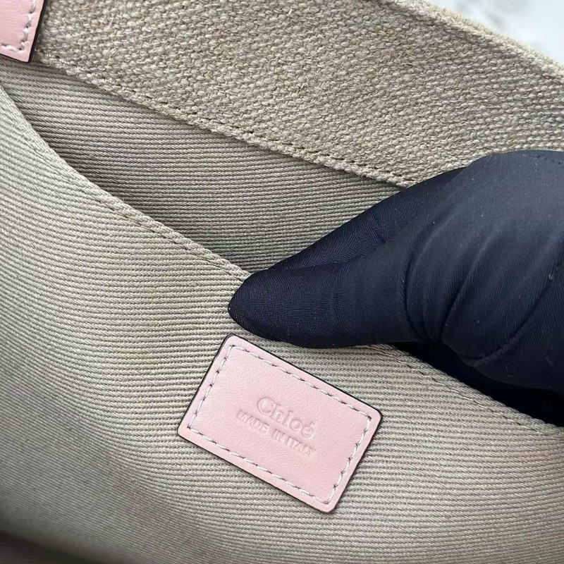 Chloe Woody linen pure cotton canvas and glossy small dough, pink casual bag Medium size: 37*26*12cm