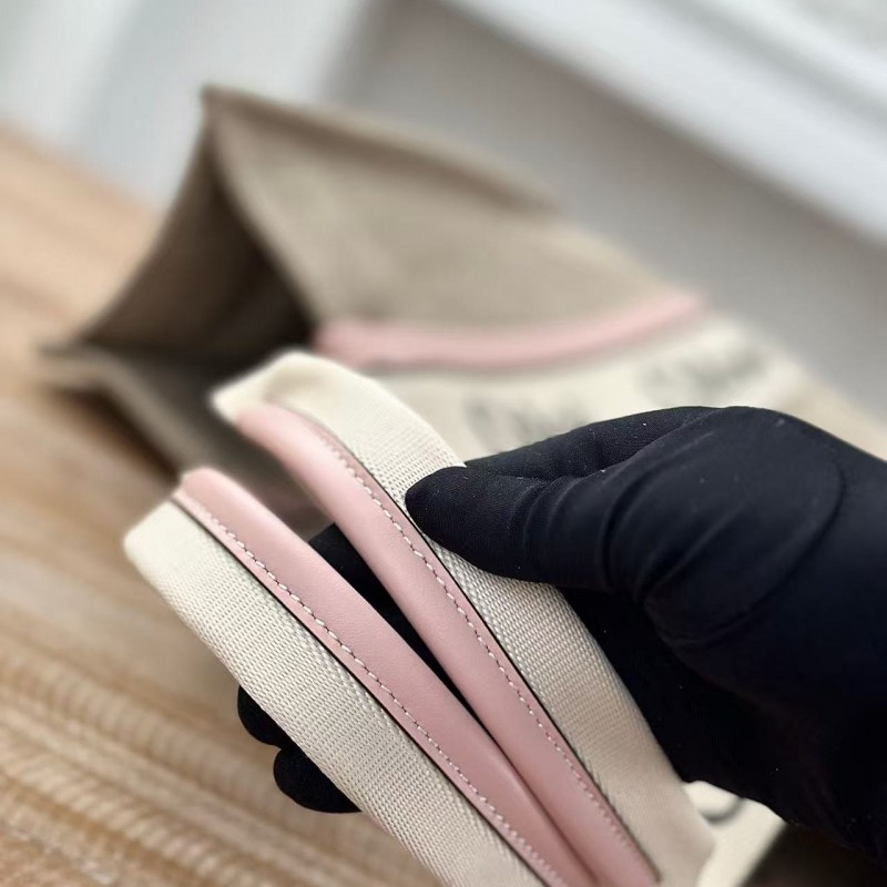 Chloe Woody linen pure cotton canvas and glossy small dough, pink casual bag Large size: 45*33*13cm