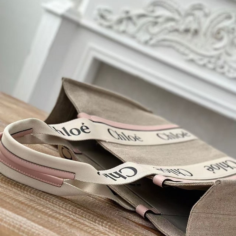 Chloe Woody linen pure cotton canvas and glossy small dough, pink casual bag Large size: 45*33*13cm