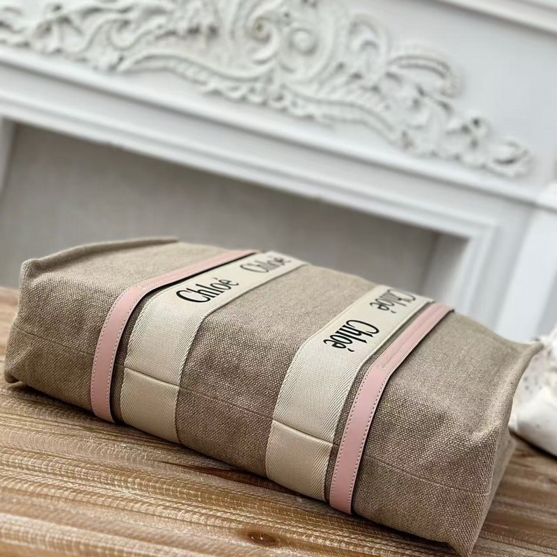 Chloe Woody linen pure cotton canvas and glossy small dough, pink casual bag Large size: 45*33*13cm