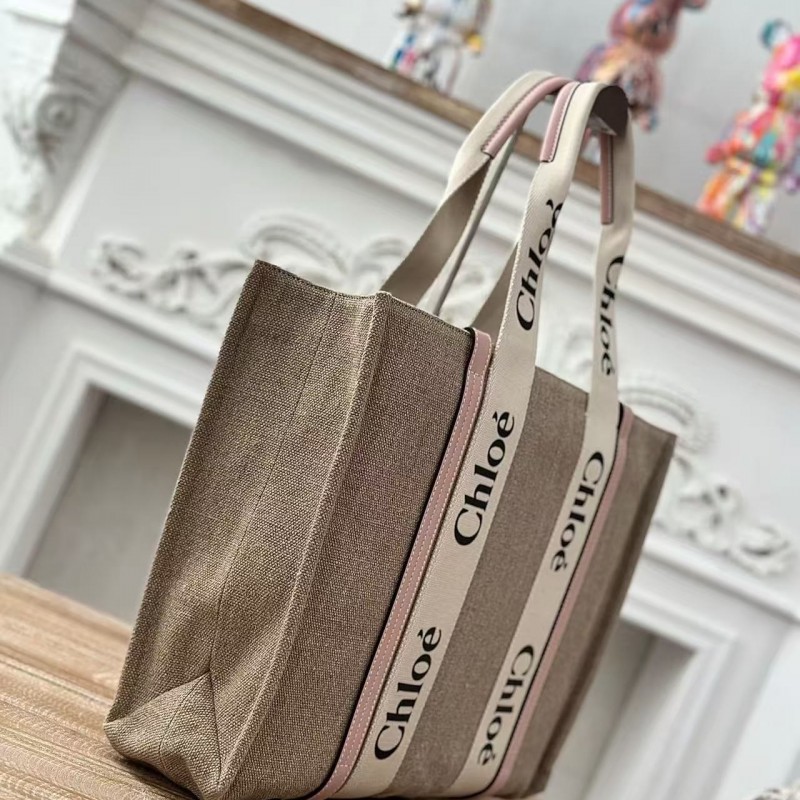 Chloe Woody linen pure cotton canvas and glossy small dough, pink casual bag Large size: 45*33*13cm
