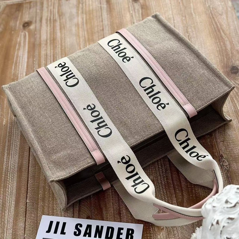 Chloe Woody linen pure cotton canvas and glossy small dough, pink casual bag Large size: 45*33*13cm