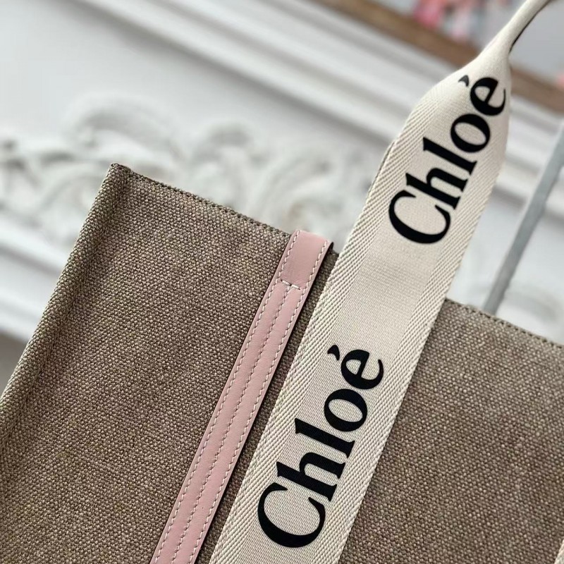 Chloe Woody linen pure cotton canvas and glossy small dough, pink casual bag Large size: 45*33*13cm