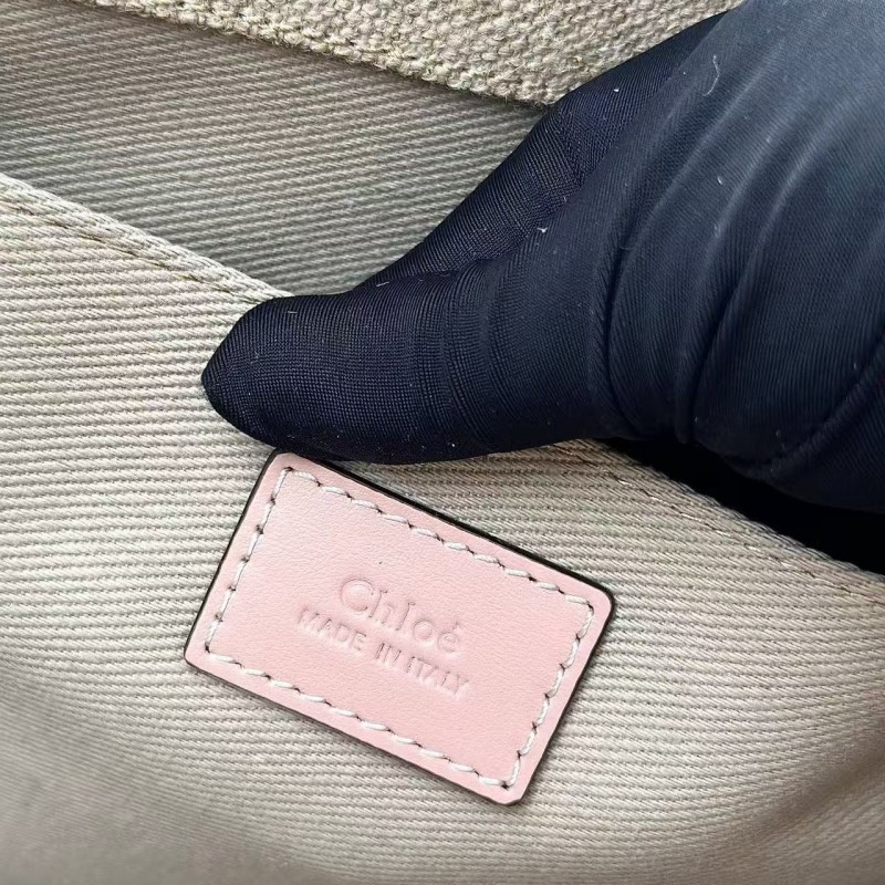 Chloe Woody linen pure cotton canvas and glossy small dough, pink casual bag Large size: 45*33*13cm