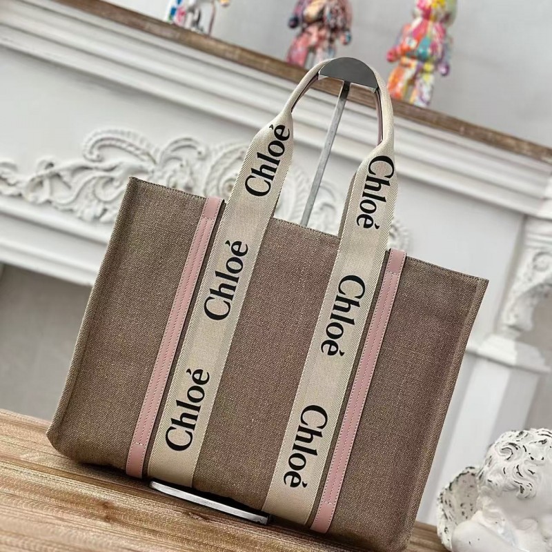 Chloe Woody linen pure cotton canvas and glossy small dough, pink casual bag Large size: 45*33*13cm