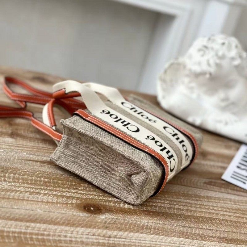 Chloe Woody linen pure cotton canvas and glossy small dough, orange casual bag mini: 20*14*6cm