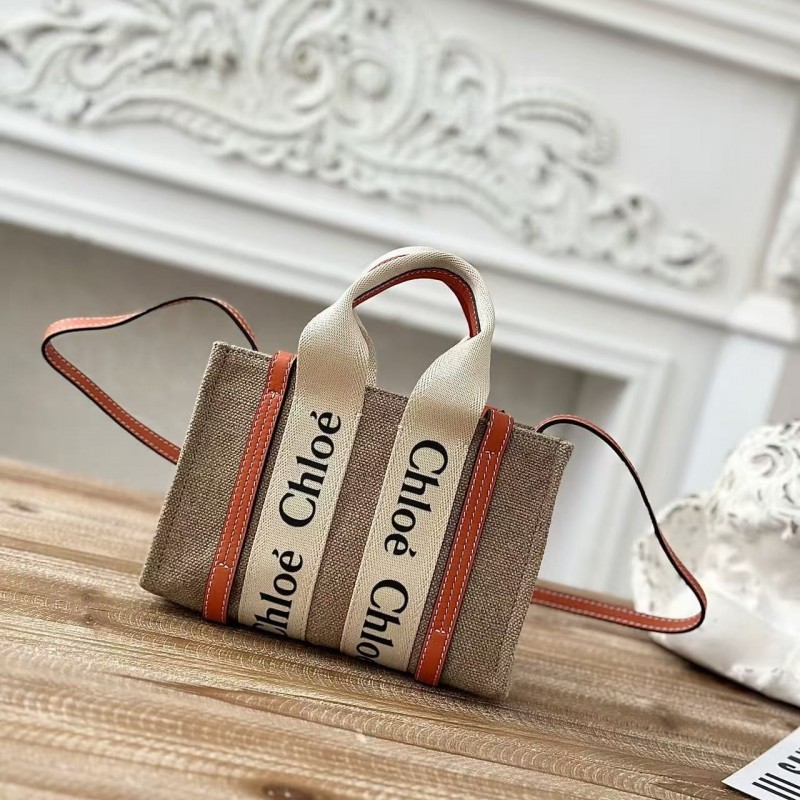 Chloe Woody linen pure cotton canvas and glossy small dough, orange casual bag mini: 20*14*6cm