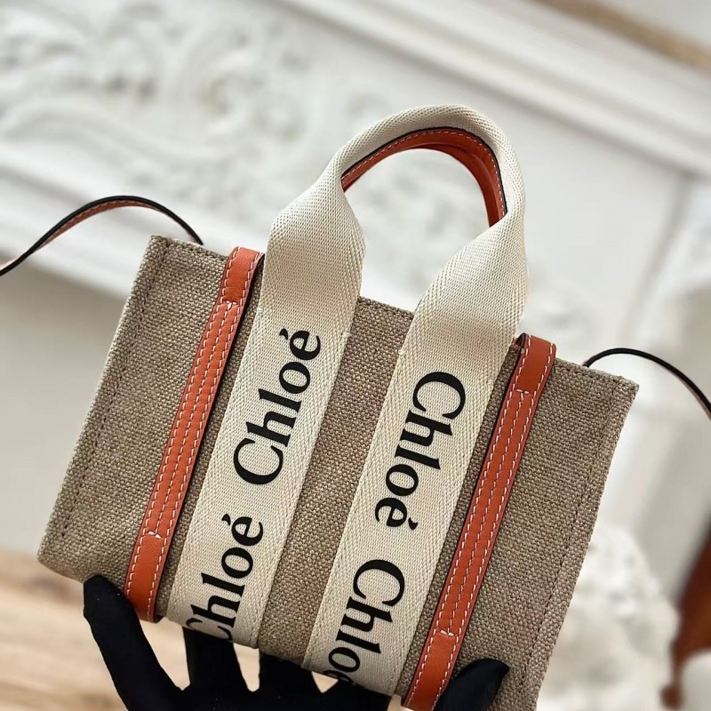 Chloe Woody linen pure cotton canvas and glossy small dough, orange casual bag mini: 20*14*6cm
