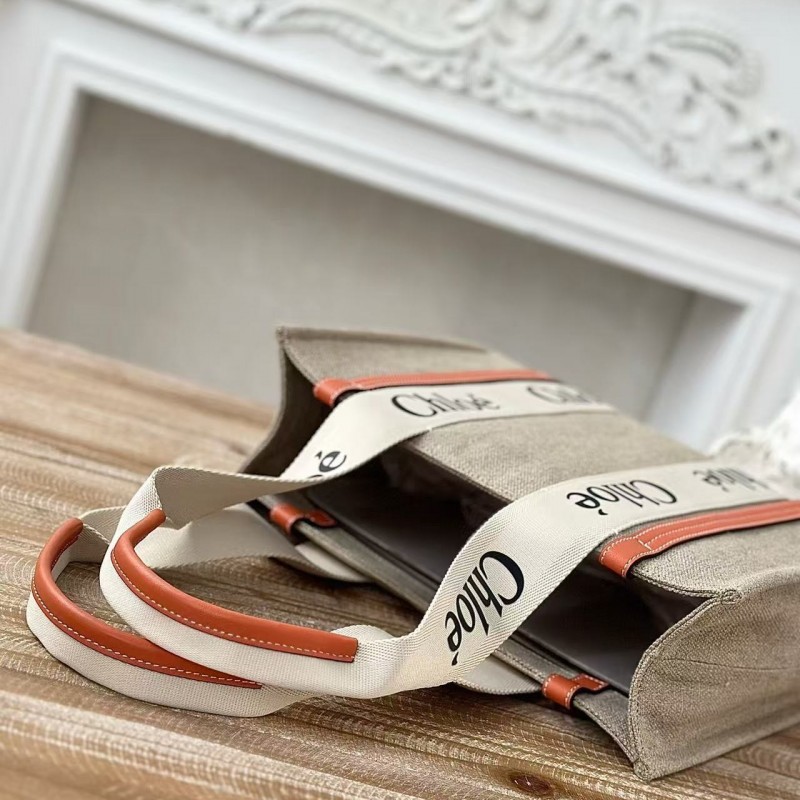 Chloe Woody linen pure cotton canvas and glossy crust, orange casual bag Small: 26.5*20*8cm