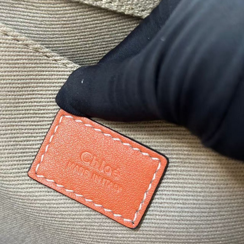 Chloe Woody linen pure cotton canvas and glossy crust, orange casual bag Small: 26.5*20*8cm