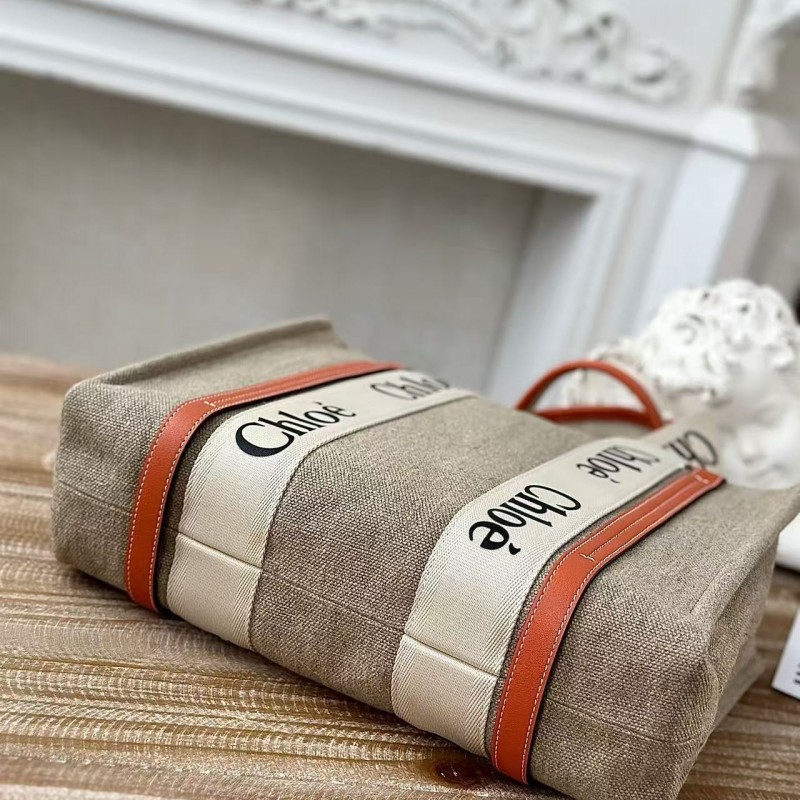 Chloe Woody linen pure cotton canvas and glossy crust, orange casual bag Small: 26.5*20*8cm