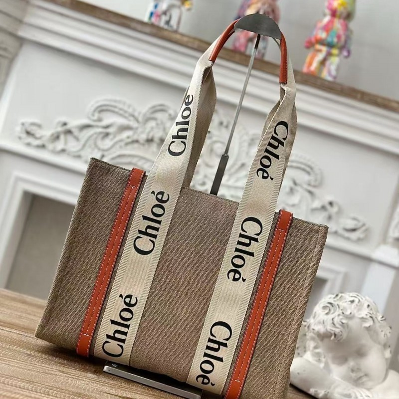 Chloe Woody linen pure cotton canvas and glossy crust, orange casual bag Small: 26.5*20*8cm