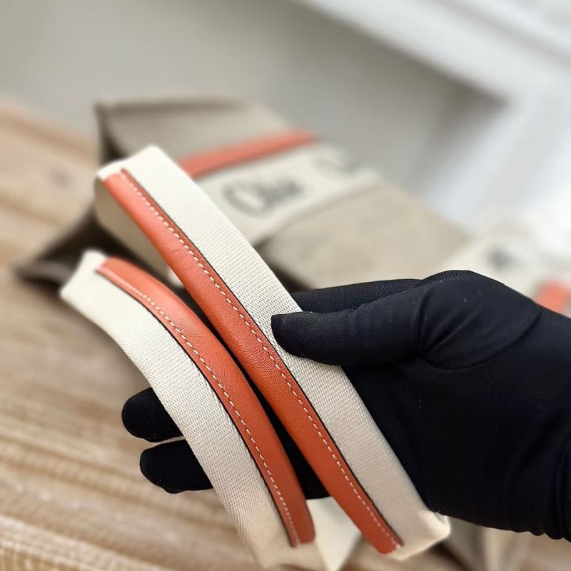 Chloe Woody linen pure cotton canvas and glossy small dough, orange casual bag Medium size: 37*26*12