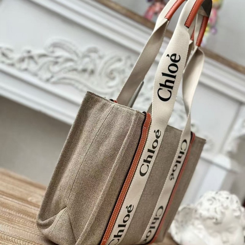 Chloe Woody linen pure cotton canvas and glossy small dough, orange casual bag Medium size: 37*26*12