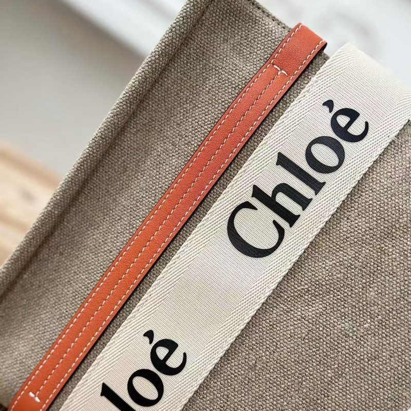 Chloe Woody linen pure cotton canvas and glossy small dough, orange casual bag Medium size: 37*26*12