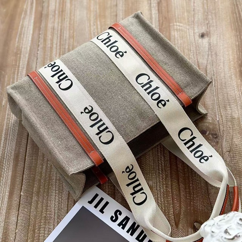 Chloe Woody linen pure cotton canvas and glossy small dough, orange casual bag Medium size: 37*26*12