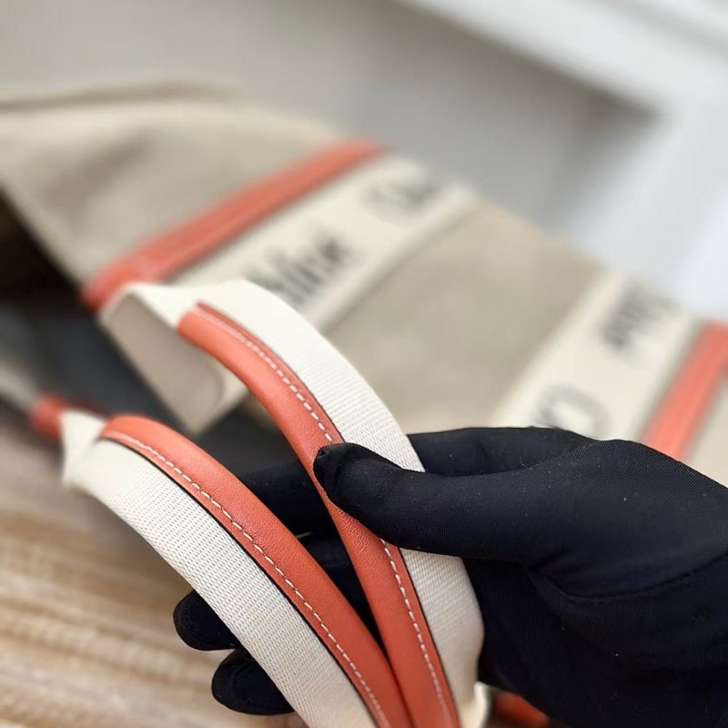 Chloe Woody linen pure cotton canvas and glossy small dough, orange casual bag Large size: 45*33*13c