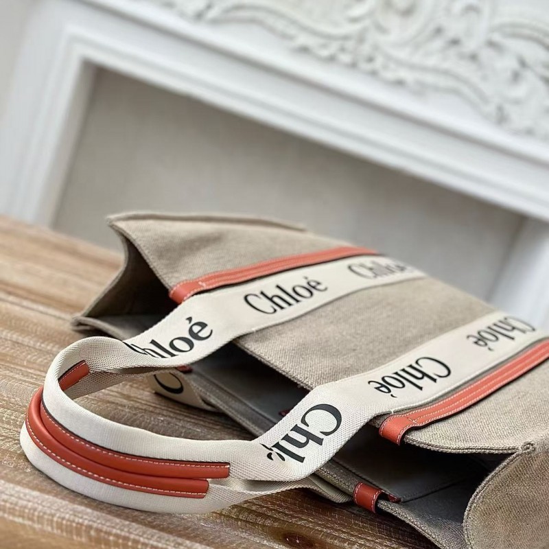 Chloe Woody linen pure cotton canvas and glossy small dough, orange casual bag Large size: 45*33*13c