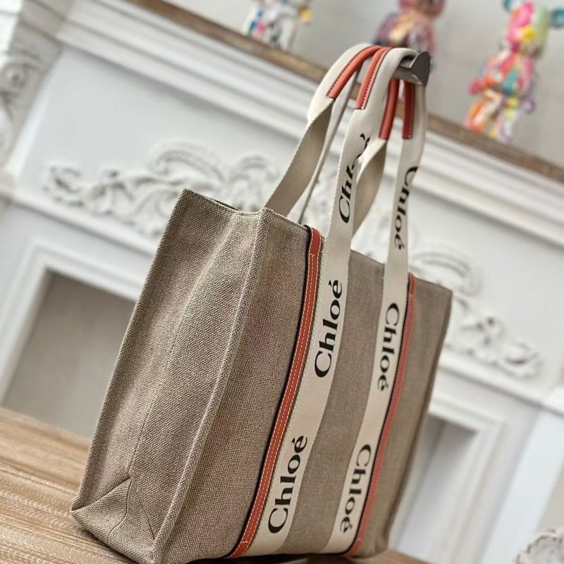Chloe Woody linen pure cotton canvas and glossy small dough, orange casual bag Large size: 45*33*13c