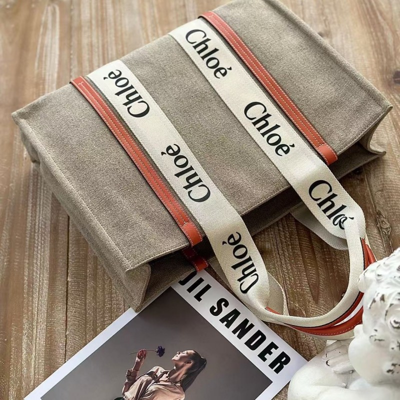 Chloe Woody linen pure cotton canvas and glossy small dough, orange casual bag Large size: 45*33*13c