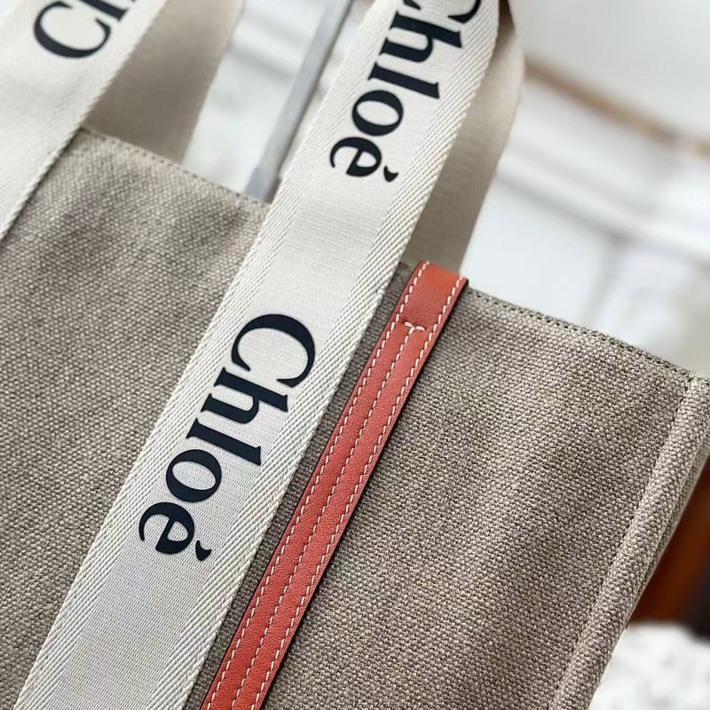 Chloe Woody linen pure cotton canvas and glossy small dough, orange casual bag Large size: 45*33*13c