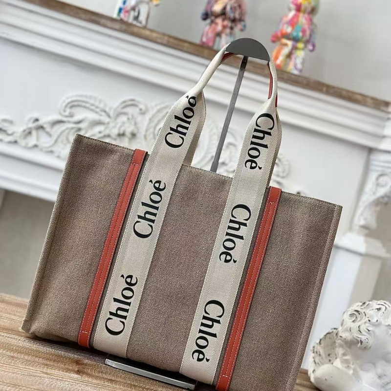 Chloe Woody linen pure cotton canvas and glossy small dough, orange casual bag Large size: 45*33*13c