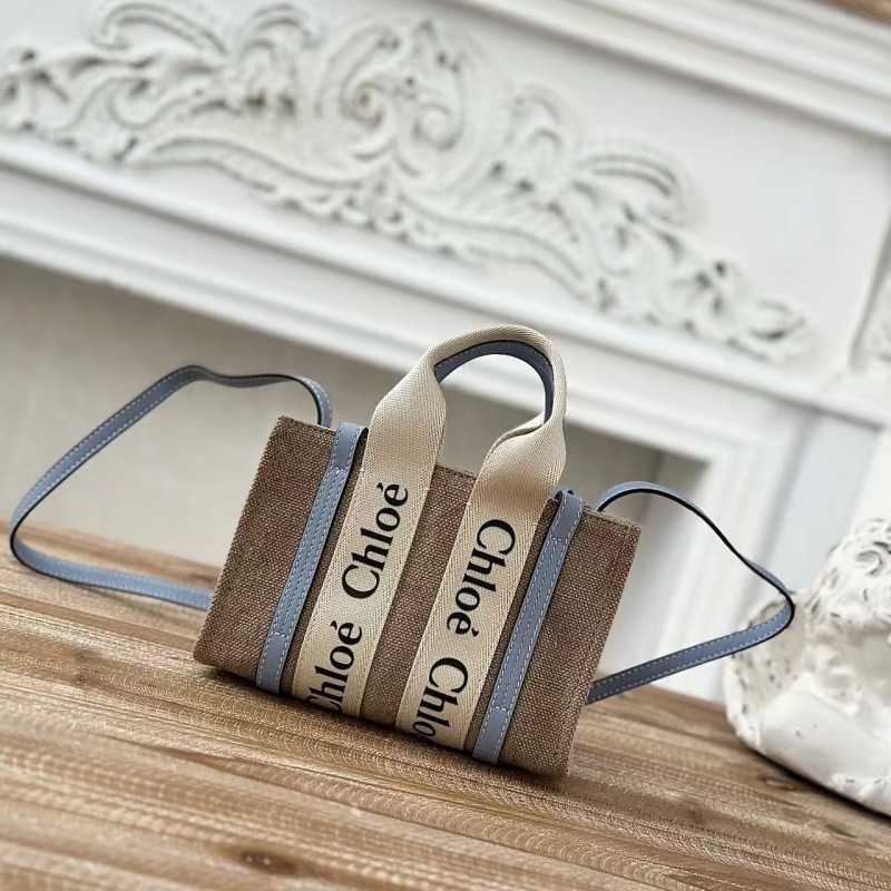 Chloe Woody linen pure cotton canvas and glossy small dough, blue casual bag mini: 20*14*6cm