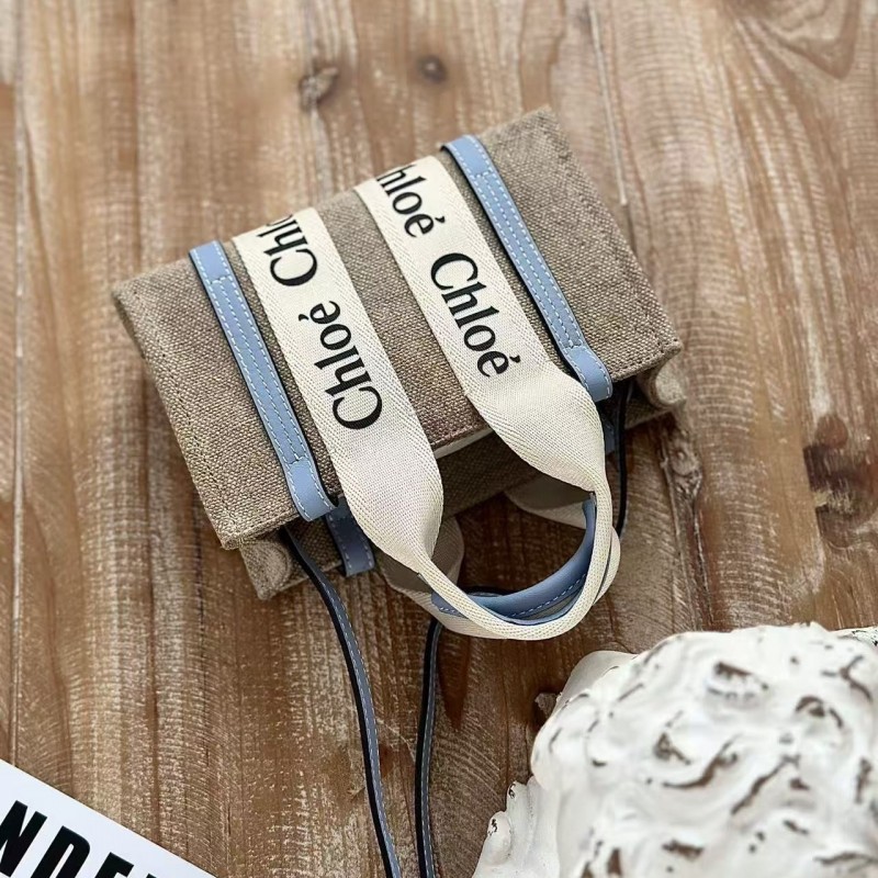 Chloe Woody linen pure cotton canvas and glossy small dough, blue casual bag mini: 20*14*6cm