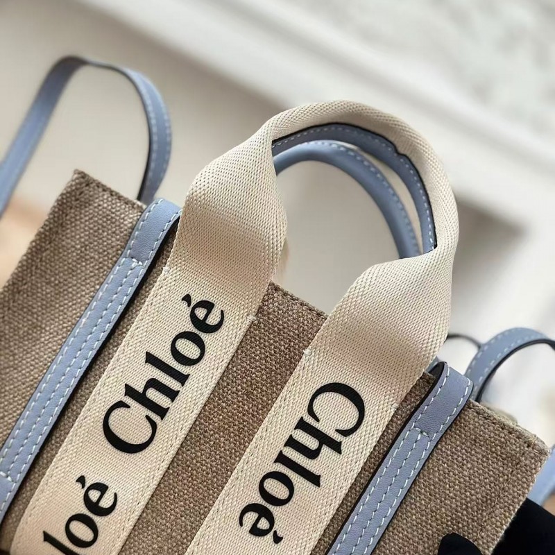 Chloe Woody linen pure cotton canvas and glossy small dough, blue casual bag mini: 20*14*6cm