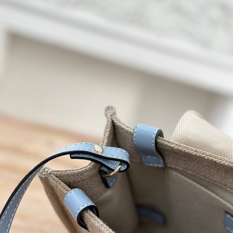 Chloe Woody linen pure cotton canvas and glossy crust, blue casual bag Small: 26.5*20*8cm