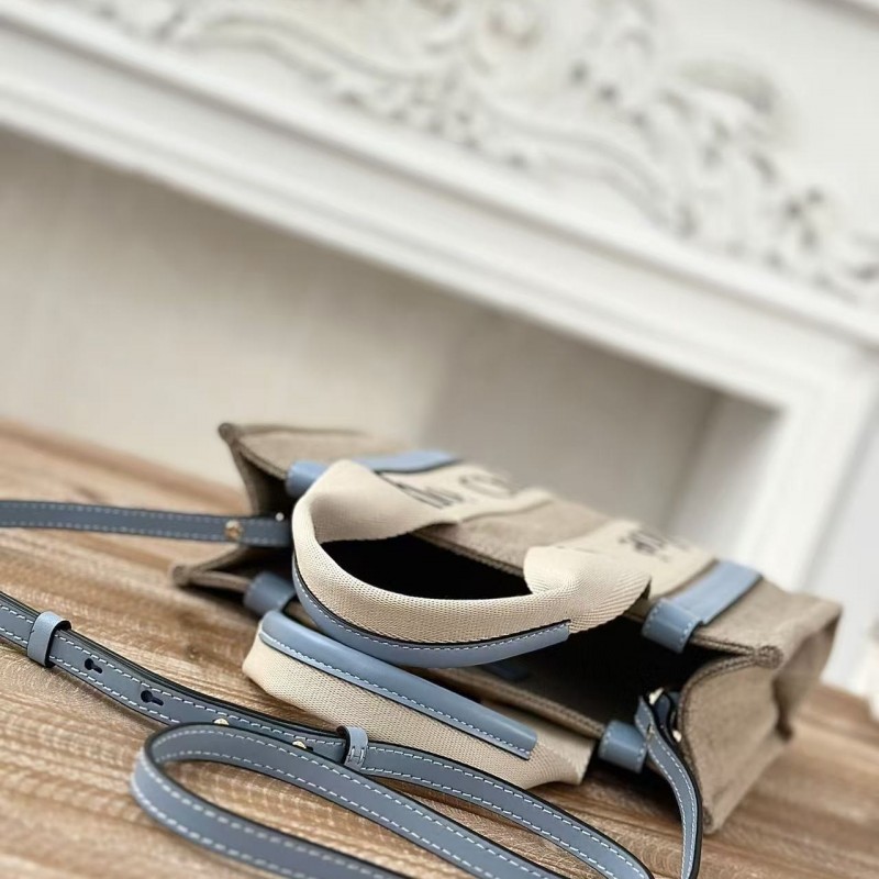 Chloe Woody linen pure cotton canvas and glossy crust, blue casual bag Small: 26.5*20*8cm