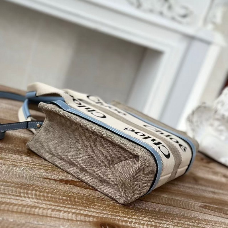 Chloe Woody linen pure cotton canvas and glossy crust, blue casual bag Small: 26.5*20*8cm