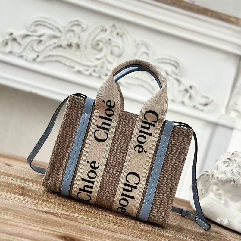 Chloe Woody linen pure cotton canvas and glossy crust, blue casual bag Small: 26.5*20*8cm
