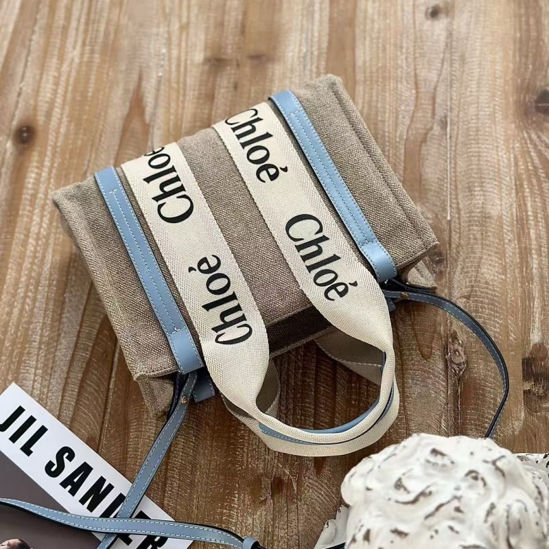 Chloe Woody linen pure cotton canvas and glossy crust, blue casual bag Small: 26.5*20*8cm