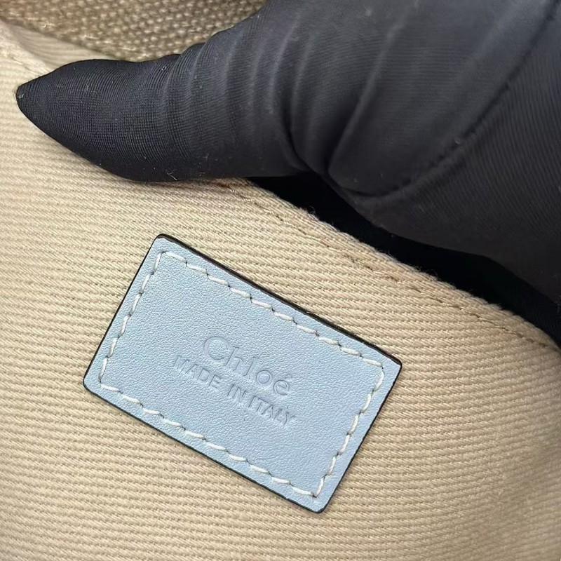 Chloe Woody linen pure cotton canvas and glossy crust, blue casual bag Small: 26.5*20*8cm