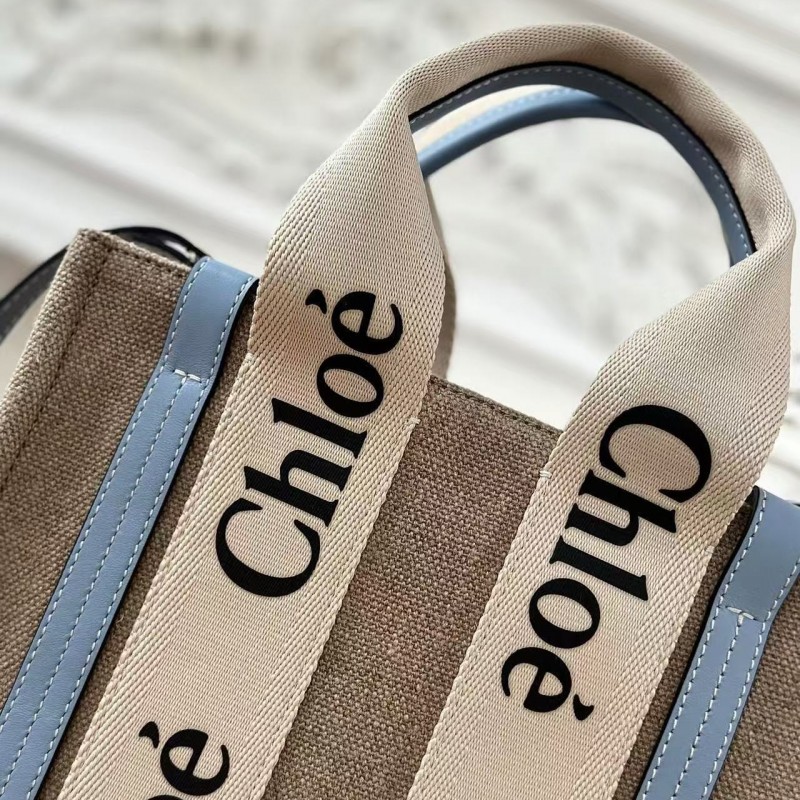 Chloe Woody linen pure cotton canvas and glossy crust, blue casual bag Small: 26.5*20*8cm