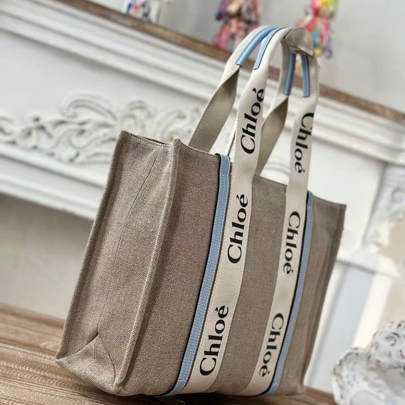 Chloe Woody linen pure cotton canvas and glossy small dough, blue casual bag Medium size: 37*26*12cm