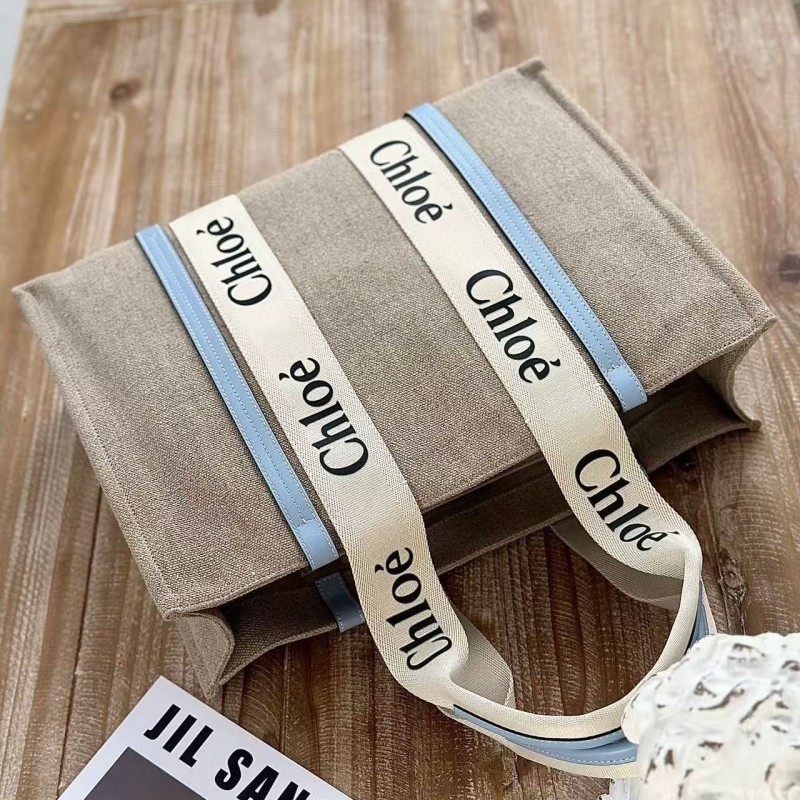 Chloe Woody linen pure cotton canvas and glossy small dough, blue casual bag Medium size: 37*26*12cm