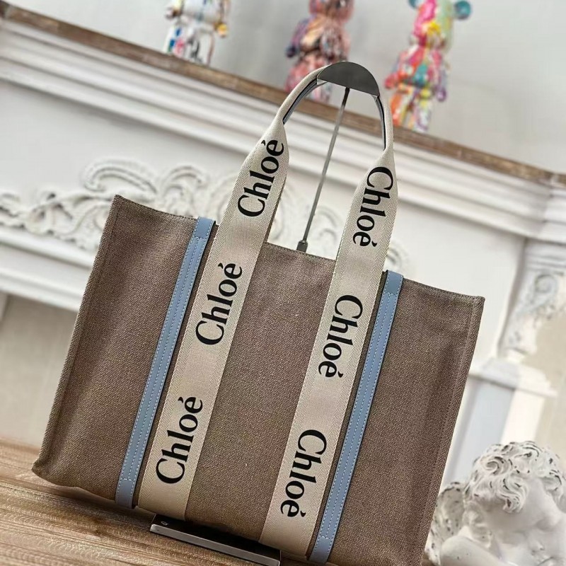 Chloe Woody linen pure cotton canvas and glossy small dough, blue casual bag Medium size: 37*26*12cm