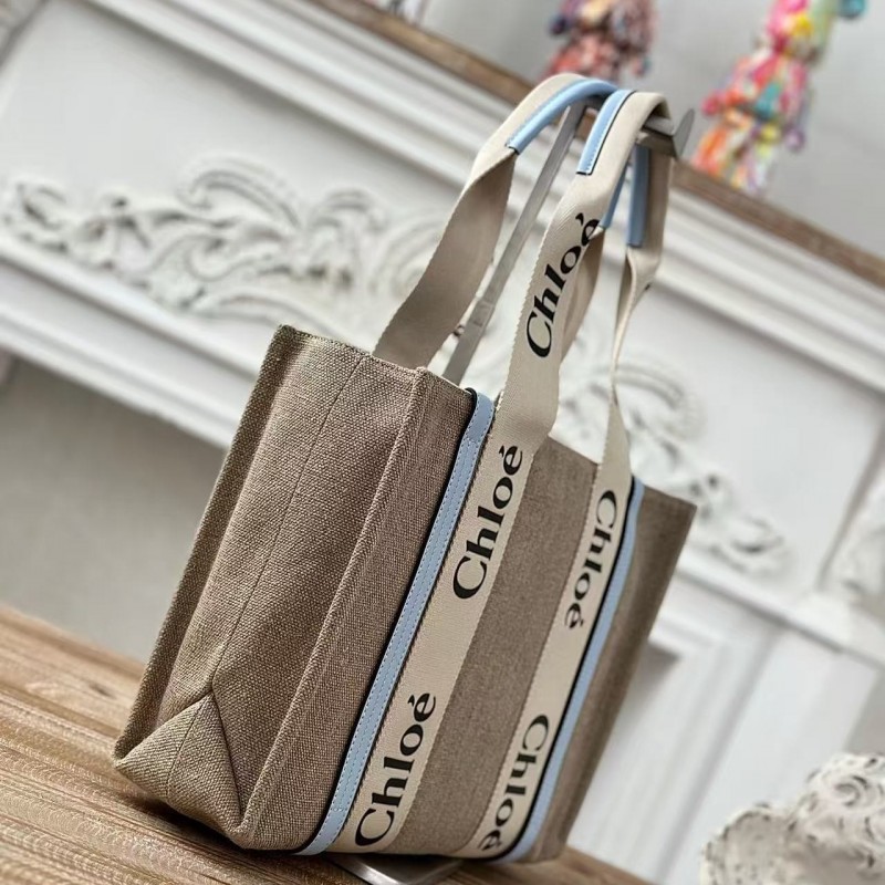 Chloe Woody linen pure cotton canvas and glossy small dough, blue casual bag Medium size: 37*26*12cm