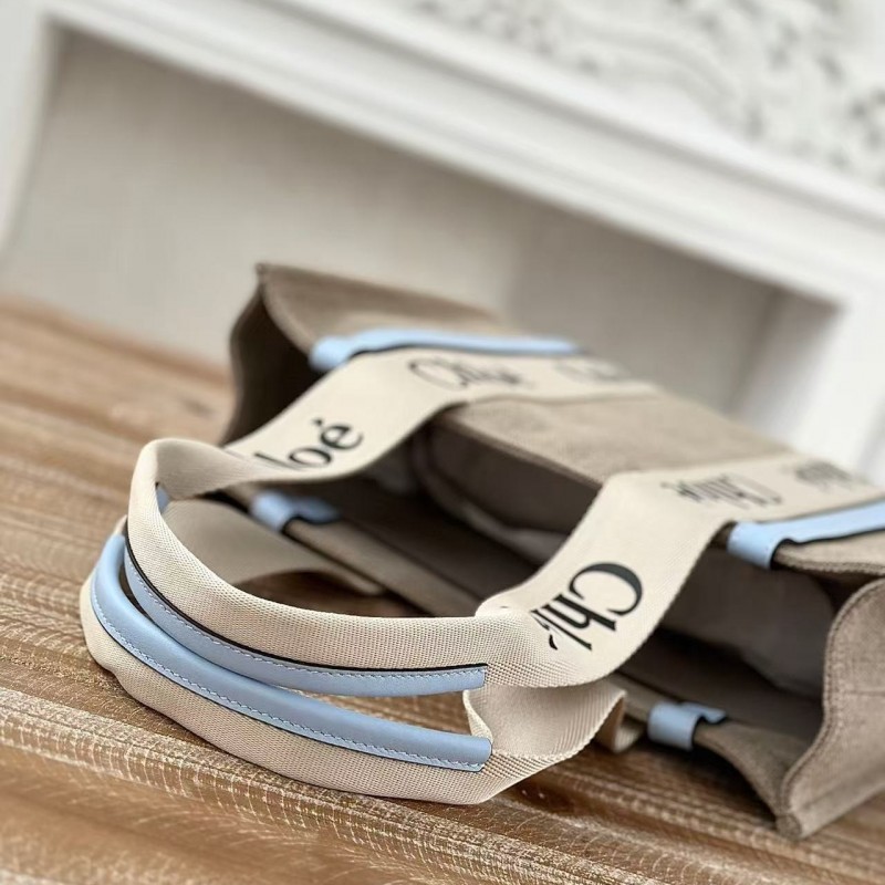 Chloe Woody linen pure cotton canvas and glossy small dough, blue casual bag Medium size: 37*26*12cm